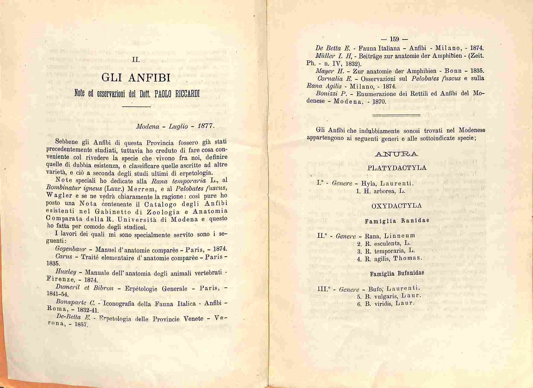 Gli anfibi del Modenese  Note ed osservazioni del Dott. Paolo Riccardi